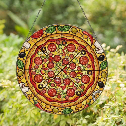 Stained Glass Pizza Mushrooms Olives Tomatoes Chili Peppers Basil Onion Rings Art Stained Glass Suncatcher