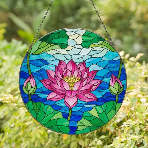 Blooming Pink Lotus Flower Layered Petals Tiffany Stained Glass Mosaic Shimmering Water Stained Glass Suncatcher