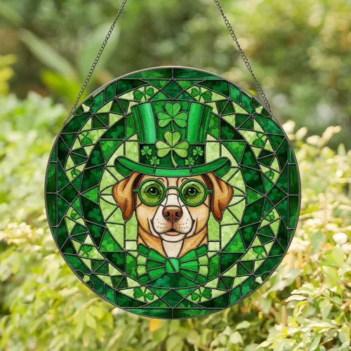 Tiffany Style Stained Glass Tan Dog Green Top Hat Shamrock - St. Patrick's Day Gift Stained Glass Suncatcher