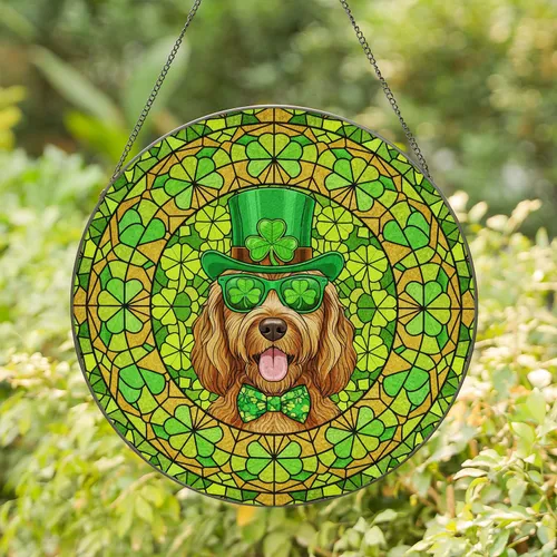 Brown Shaggy Dog Leprechaun Hat Four-Leaf Clover St. Patrick's Day Irish Celebration Stained Glass Suncatcher