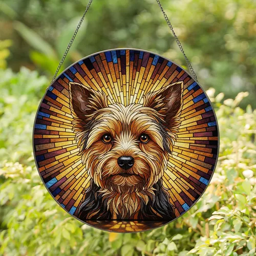 Fluffy Yorkshire Terrier Dog Head Stained Glass Mosaic - Tiffany Style Jewel Tone Home Decor Stained Glass Suncatcher