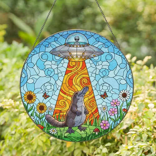 Platypus UFO Alien Tractor Beam Stained Glass Wildflower Mosaic Sky Wall Decor Stained Glass Suncatcher