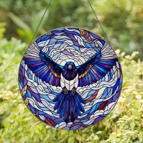 Magpie Bird Dynamic Flight Stained Glass - Tiffany Style Mosaic Sky Translucent Stained Glass Suncatcher