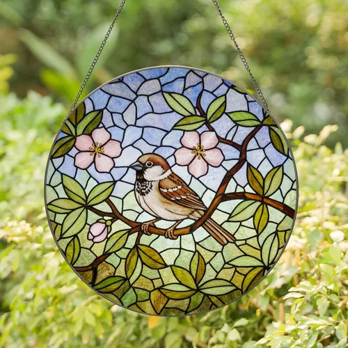 House Sparrow Stained Glass Suncatcher Pink Blossoms Tree Branch Tiffany Mosaic Art