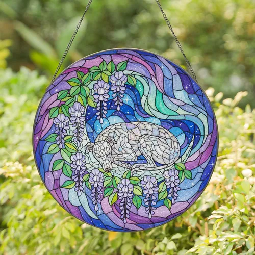 Greyhound Dog Crescent Moon Stained Glass - Cosmic Wisteria Rainbow Jewel Tones Gift Stained Glass Suncatcher