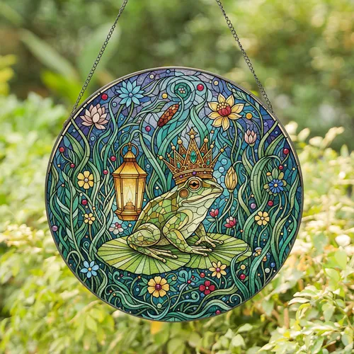 Regal Frog Golden Crown Lily Pad Pond Stained Glass Art - Tiffany Mosaic Jewel Tones Stained Glass Suncatcher