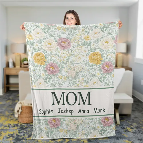 Personalized Floral Sherpa Fleece Blanket for Grandma or Mom, Kids Names, English Cottage Aesthetic, Custom Cozy Throw, Gift for Her, Family