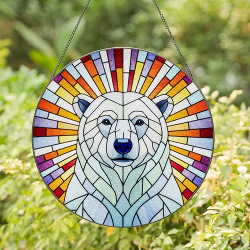 Majestic Polar Bear Tiffany Stained Glass - Icy Blue Jewel Tone Mosaic Art Gift Stained Glass Suncatcher
