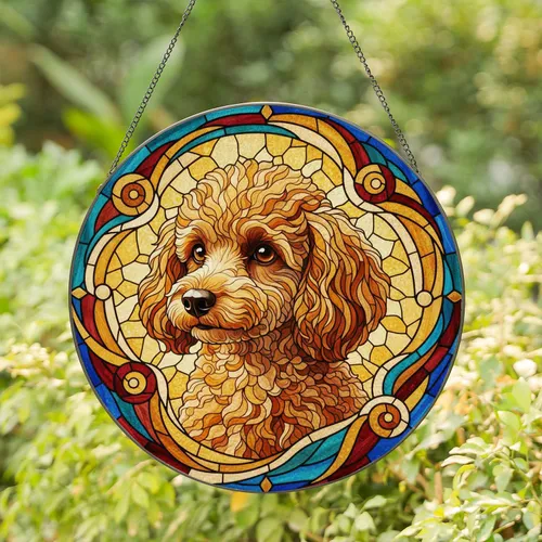 Apricot Toy Poodle Stained Glass Design - Intricate Edge-to-Edge Tiffany Jewel Tone Mosaic Stained Glass Suncatcher