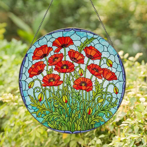 Poppy Flowers Stained Glass Tiffany Style - Intricate Mosaic Sky Blue Purple Border Stained Glass Suncatcher
