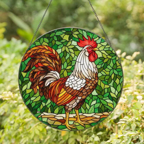 Majestic White Rooster Stained Glass Mosaic Art with Red Comb & Green Foliage Stained Glass Suncatcher