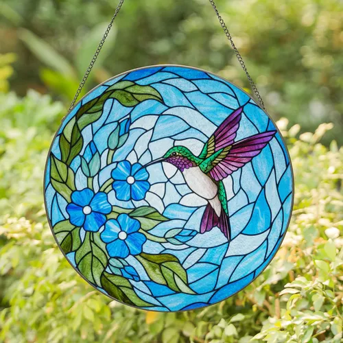 Tiffany Stained Glass Hummingbird Flower Mosaic - Jewel Tone Sky Home Art Gift Stained Glass Suncatcher