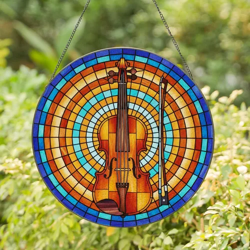 Intricate Stained Glass Violin & Bow Art - Tiffany Style Geometric Mosaic Stained Glass Suncatcher