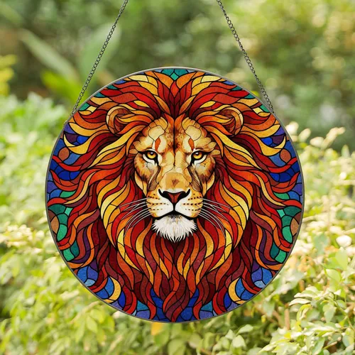 Lion Head Stained Glass Portrait Mosaic - Tiffany Glass Window Decor for Lion Lovers Stained Glass Suncatcher