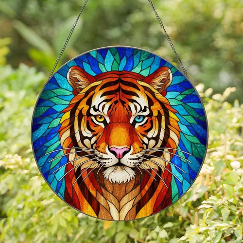 Intricate Tiger Head Stained Glass Mosaic - Heterochromatic Eyes Tiffany Glass Art Stained Glass Suncatcher