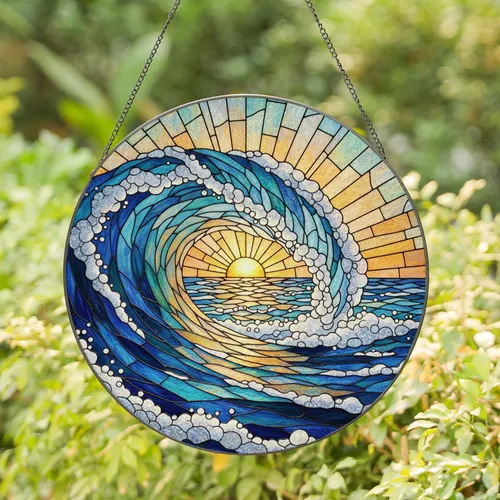 Stained Glass Ocean Wave Tiffany Seascape - Horizon Sunset Glowing Jewel Tones Stained Glass Suncatcher