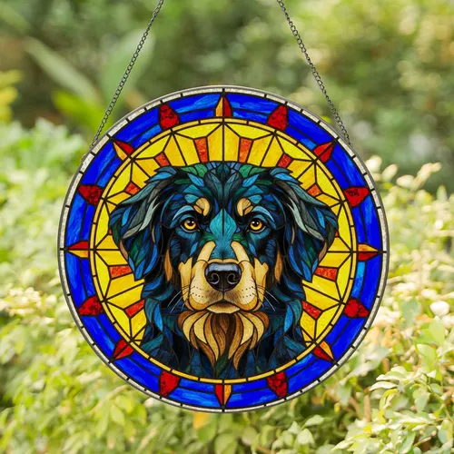 Tiffany Stained Glass Dog Portrait - Mosaic Canine Art Jewel Tone Dog Lover Gift Stained Glass Suncatcher