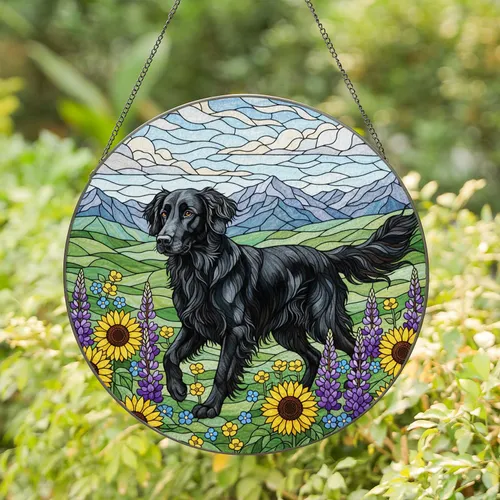 Running Black Dog Stained Glass Art - Golden Sunflowers, Purple Lupines, Tiffany Style Stained Glass Suncatcher
