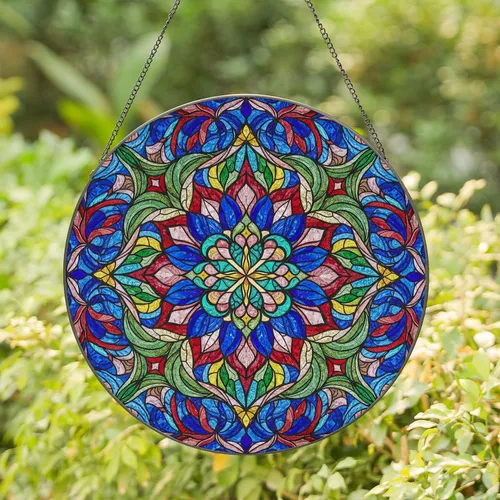 Stained Glass Rosette Mandala with Swirling Jewel Tones & Intricate Kaleidoscope Patterns Stained Glass Suncatcher