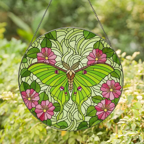 Lime Green Luna Moth Pink Flowers Stained Glass Tiffany Mosaic Jewel Tones Feathery Antennae Stained Glass Suncatcher