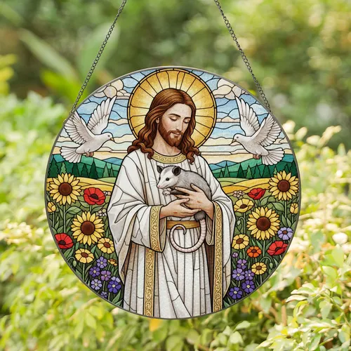 Jesus Christ Opossum Doves Radiant Halo Tiffany Stained Glass Wildflower Garden Mosaic Sky Stained Glass Suncatcher