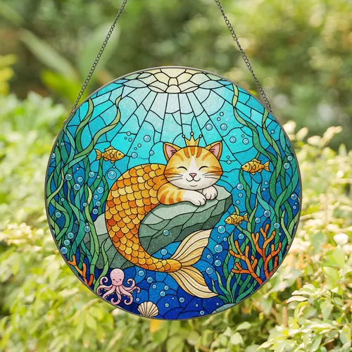 Ginger Cat Mermaid on Rock Underwater Stained Glass Ocean Scene, Aquatic Home Decor Gift Stained Glass Suncatcher