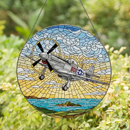 P-51 Mustang Fighter Plane Stained Glass Art - US Star Insignia Cloud, Water & Land Scene Stained Glass Suncatcher