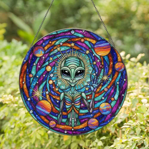 Friendly Alien Stained Glass Cosmic Nebula Stars Planets - Tiffany Style Space Art Gift Stained Glass Suncatcher