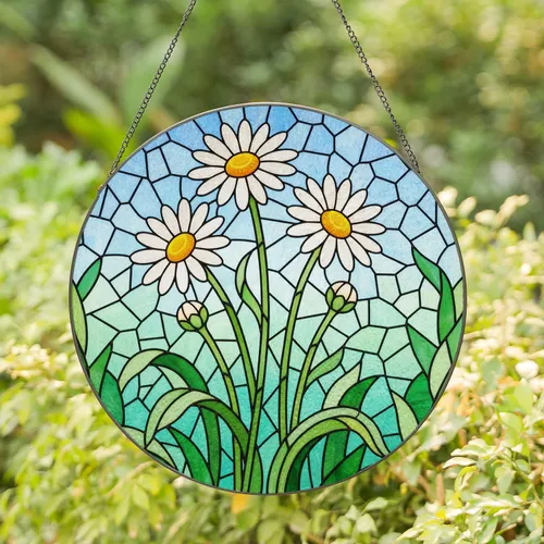 Highly Detailed Daisy Stained Glass Mosaic - Tiffany Style Floral Art Window Accent Stained Glass Suncatcher