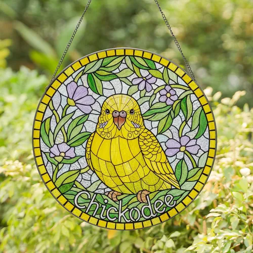 Plump Yellow Parakeet Budgerigar Stained Glass Chickodee Tiffany Style Garden Foliage Stained Glass Suncatcher