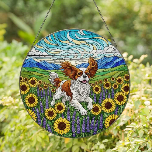 Stained Glass Cavalier King Charles Spaniel Sunflowers Lavender Rolling Hills Mosaic Sky Stained Glass Suncatcher