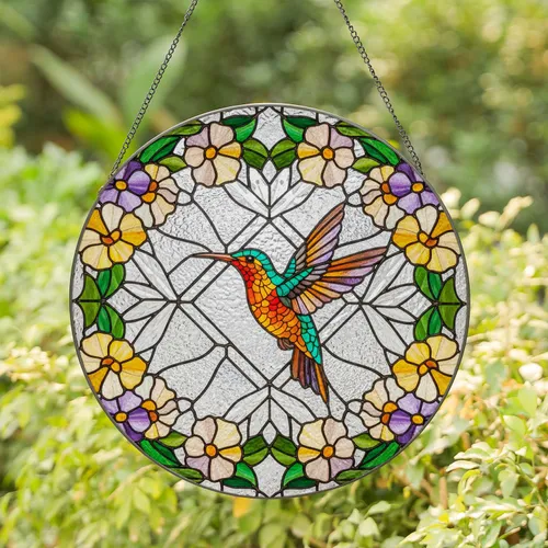 Glowing Hummingbird Stained Glass Art - Tiffany Style Flower Window Decor Stained Glass Suncatcher
