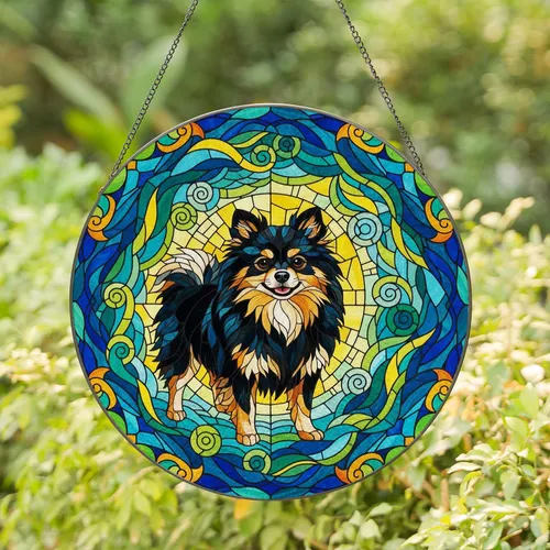 Fluffy Black Tan Pomeranian Dog Tiffany Style Stained Glass Mosaic Art Jewel Tones Stained Glass Suncatcher