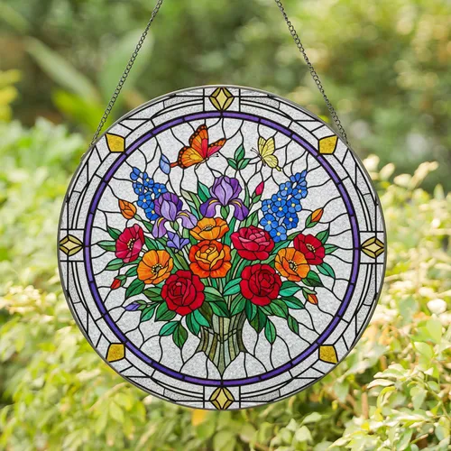 Stained Glass Flowers Butterflies Bouquet Leaded Art Tiffany Style Home Decor Gift Stained Glass Suncatcher