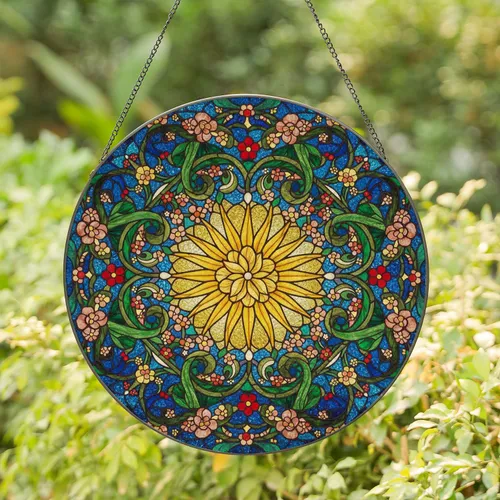 Golden Sunburst Mandala Floral Star - Tiffany Stained Glass Jewel Tone Flora Fauna Mosaic Art Stained Glass Suncatcher