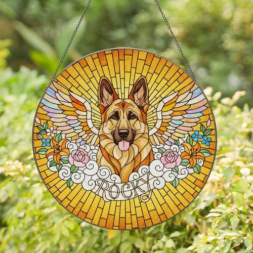 German Shepherd Dog Rainbow Wings Stained Glass Art Rocky Pastel Floral Sunburst Mosaic Stained Glass Suncatcher