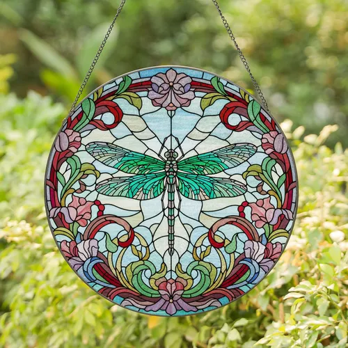 Majestic Dragonfly Stained Glass Wreath - Tiffany Style Art Nouveau Flowers & Mosaic Stained Glass Suncatcher