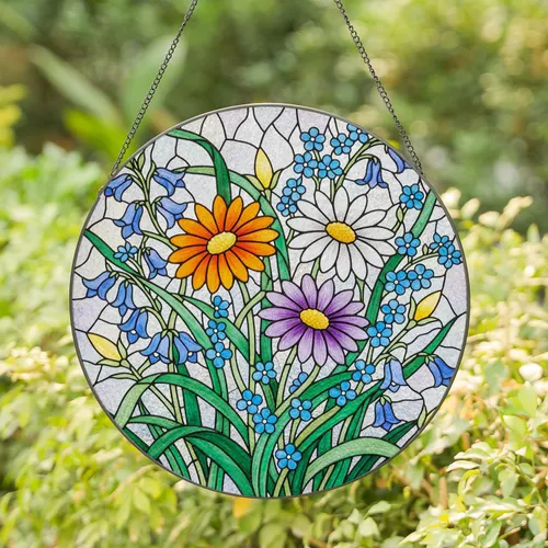 Tiffany Style Stained Glass Daisy Flower Bouquet - Blue Bell Flowers Frosted Glass Mosaic Stained Glass Suncatcher