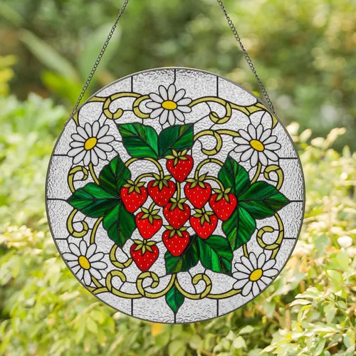 Red Strawberries White Daisy Flowers Golden Vines Tiffany Glass Mosaic Jewel Tone Stained Glass Suncatcher