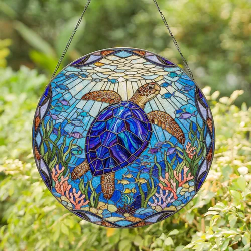 Majestic Sea Turtle Stained Glass Suncatcher - Tiffany Style Underwater Mosaic Art Decor