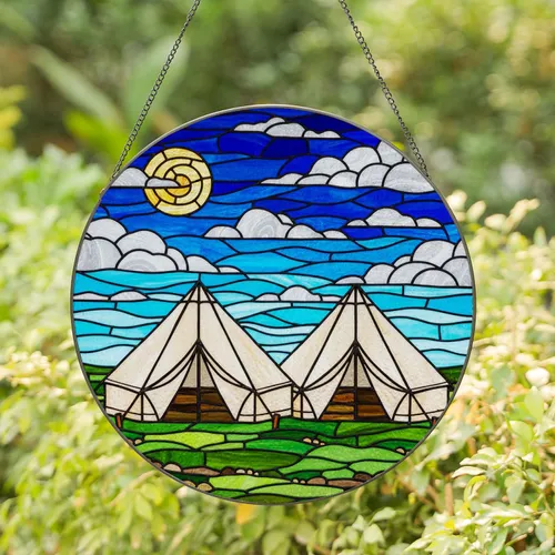 Camping Tents Sky Landscape Stained Glass Art - Detailed Mosaic Tiffany Style Jewel Tones Stained Glass Suncatcher