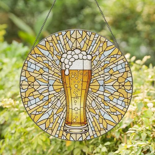 Pilsner Glass Golden Bubbly Drink Stained Glass Mosaic - Tiffany Style Glowing Jewel Tones Stained Glass Suncatcher