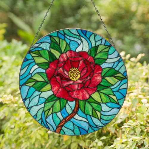 Red Camellia Tiffany Stained Glass Flower Intricate Mosaic Jewel Tone Dappled Light Stained Glass Suncatcher