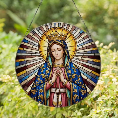 Virgin Mary Tiffany Stained Glass Rosary Mosaic Sunburst Light Rays Golden Crown Religious Art Stained Glass Suncatcher