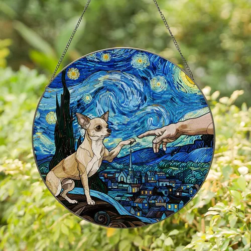 Chihuahua Dog Hand Stained Glass Tiffany Style Starry Night Village Moon Stars Gift Stained Glass Suncatcher