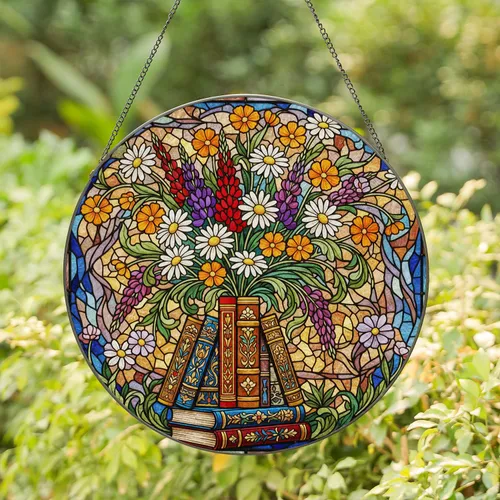 Stacked Books Daisies Lupines Cosmos Stained Glass Mosaic Tiffany Jewel Tones Stained Glass Suncatcher