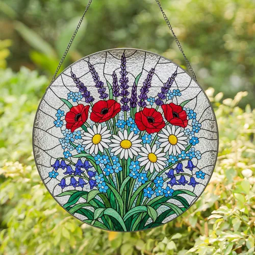 Daisies Poppies Lavender Stained Glass Flower Bouquet & Textured Mosaic Decor Gift Stained Glass Suncatcher