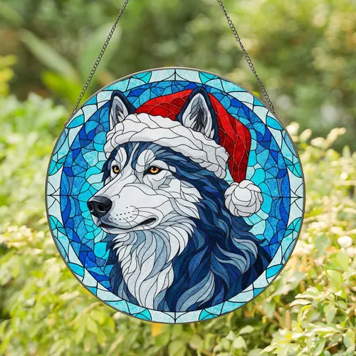 Wolf Husky Dog Santa Hat Stained Glass Art - Winter Sky Christmas Holiday Decor Gift Stained Glass Suncatcher