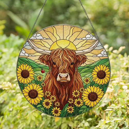 Highland Cow Sunflowers Stained Glass Mosaic Ladybug - Colorful Green Hills Sky Window Art Stained Glass Suncatcher