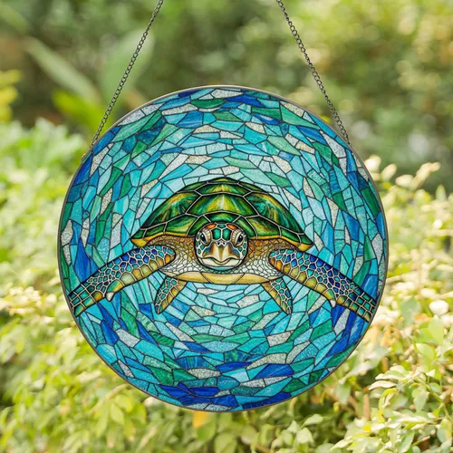 Majestic Sea Turtle Stained Glass Ocean Mosaic Jewel Tone Art Home Decor for Sea Life Lovers Stained Glass Suncatcher